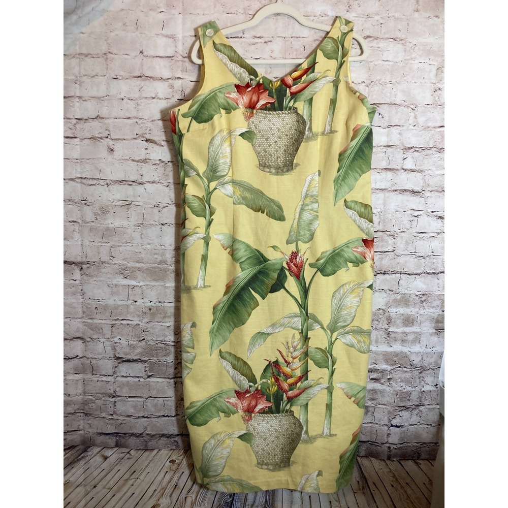 Vintage Ultra Pencil Dress 16 Yellow Tapestry House Plant Print Beaded Midi Plus